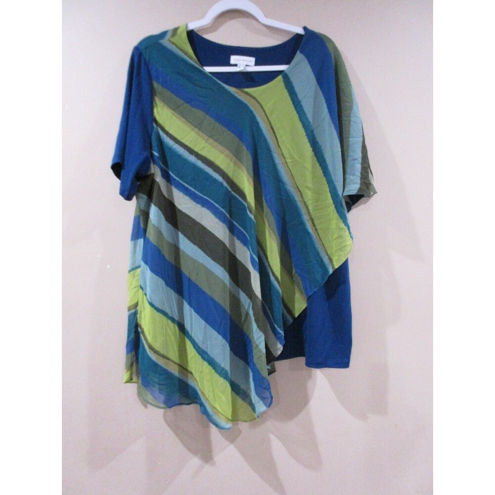 Susan Graver Blouse Tunic Women 1X Blue Multicolor Polyester Short Sleeve